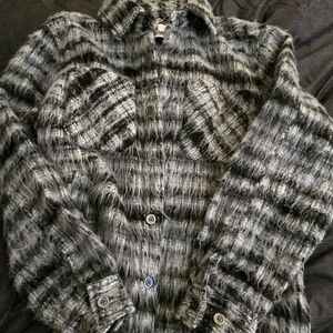 EPTM The Perfect Example. Branded Fuzzy Plaid Button-Up Jacket - Gray & Black